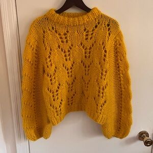 Ganni Julliard Mohair Chunky Knit Openwork Sweater in Mustard Yellow